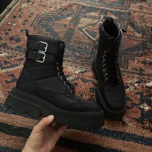 Zara Chunky Black Lace-Up Combat Boots with Buckle Straps